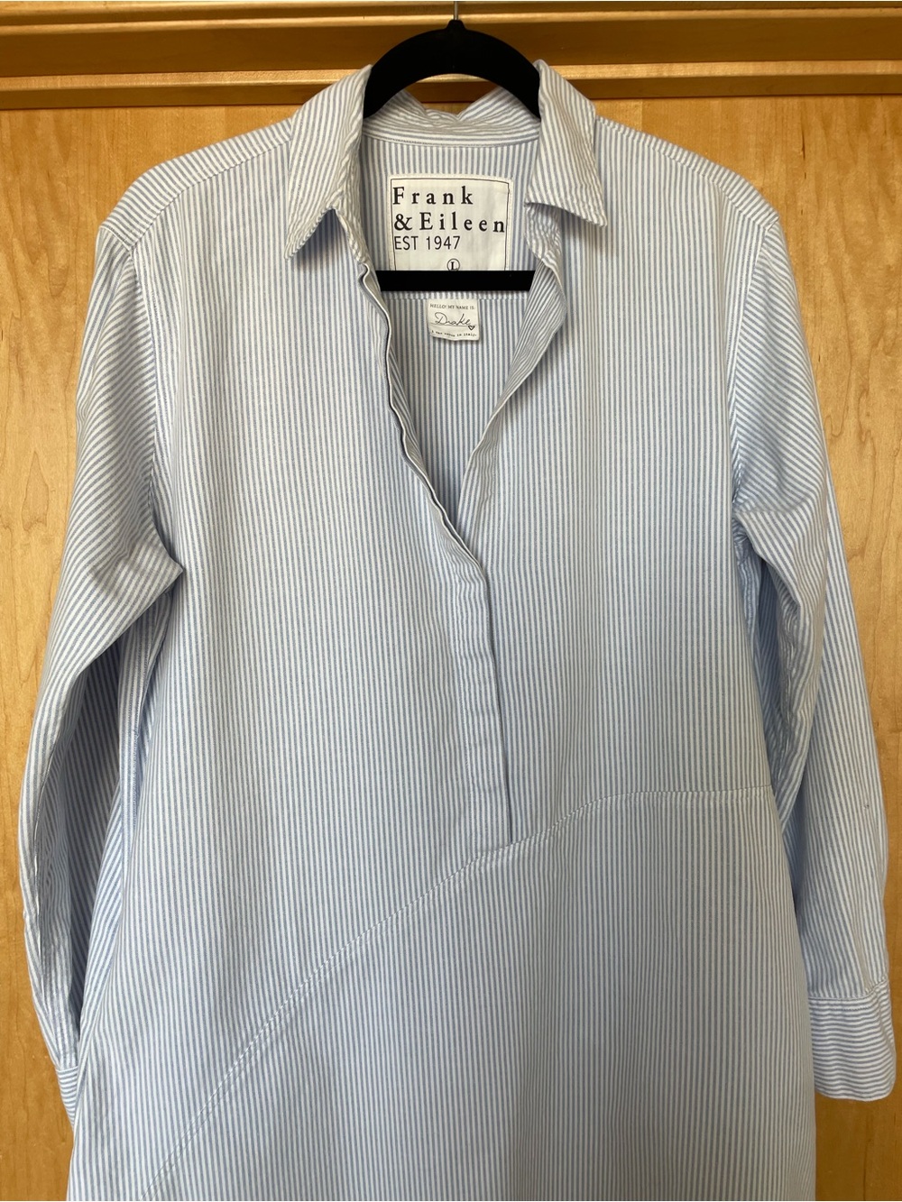 Frank & Eileen Drake Blue Stripe Asymmetrical Shirt Dress Large Italian Fabric